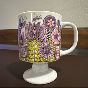 Vintage MCM Retro Purple Floral Pedestal Mug Owl Bee Butterfly Dragonfly Peacock